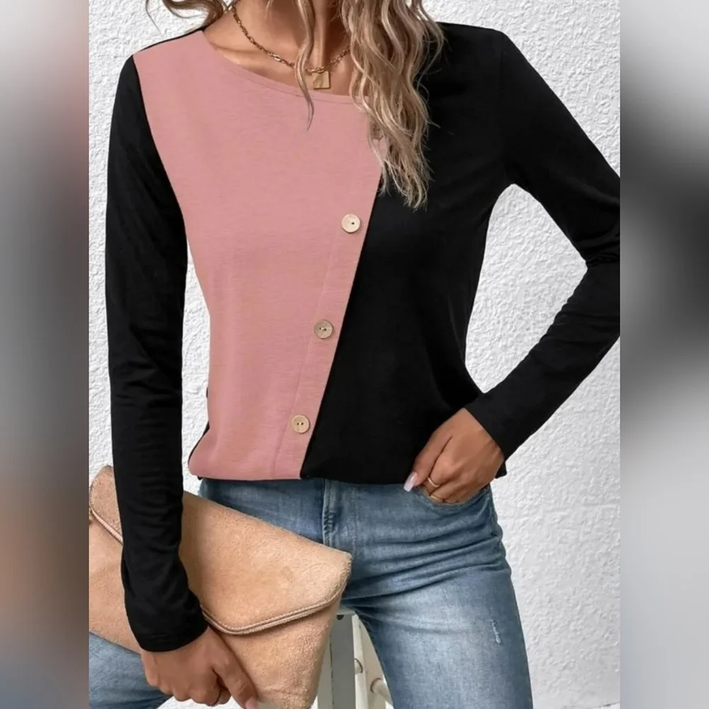 SHEIN Two Tone Button Detail Tee Size L UK 12 - Picture 4 of 6